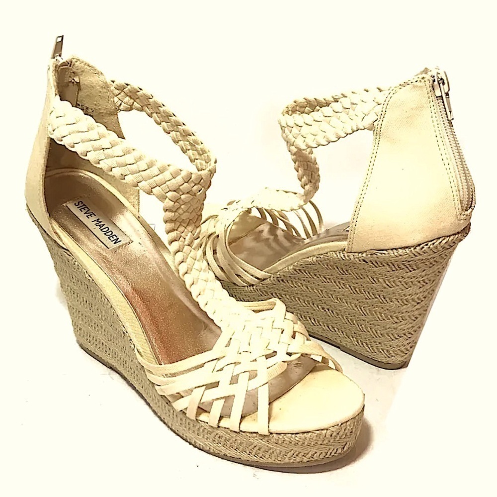 STEVE MADDEN RISE Beige cream T-trap woven Espadrille WEDGE SANDAL women size 6